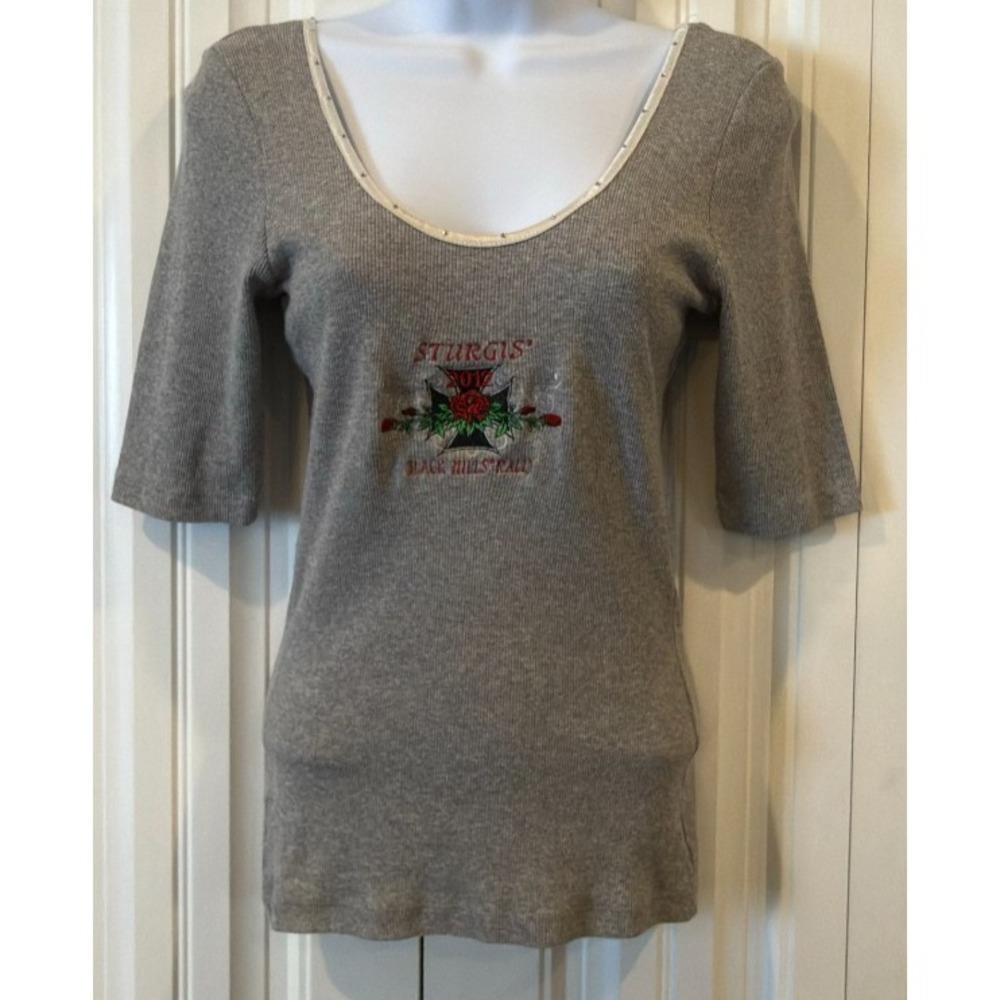 Vintage Sturgis Motorcycle Rally Gray Tunic Top 3/4 Sleeve 100% Cotton L-XL